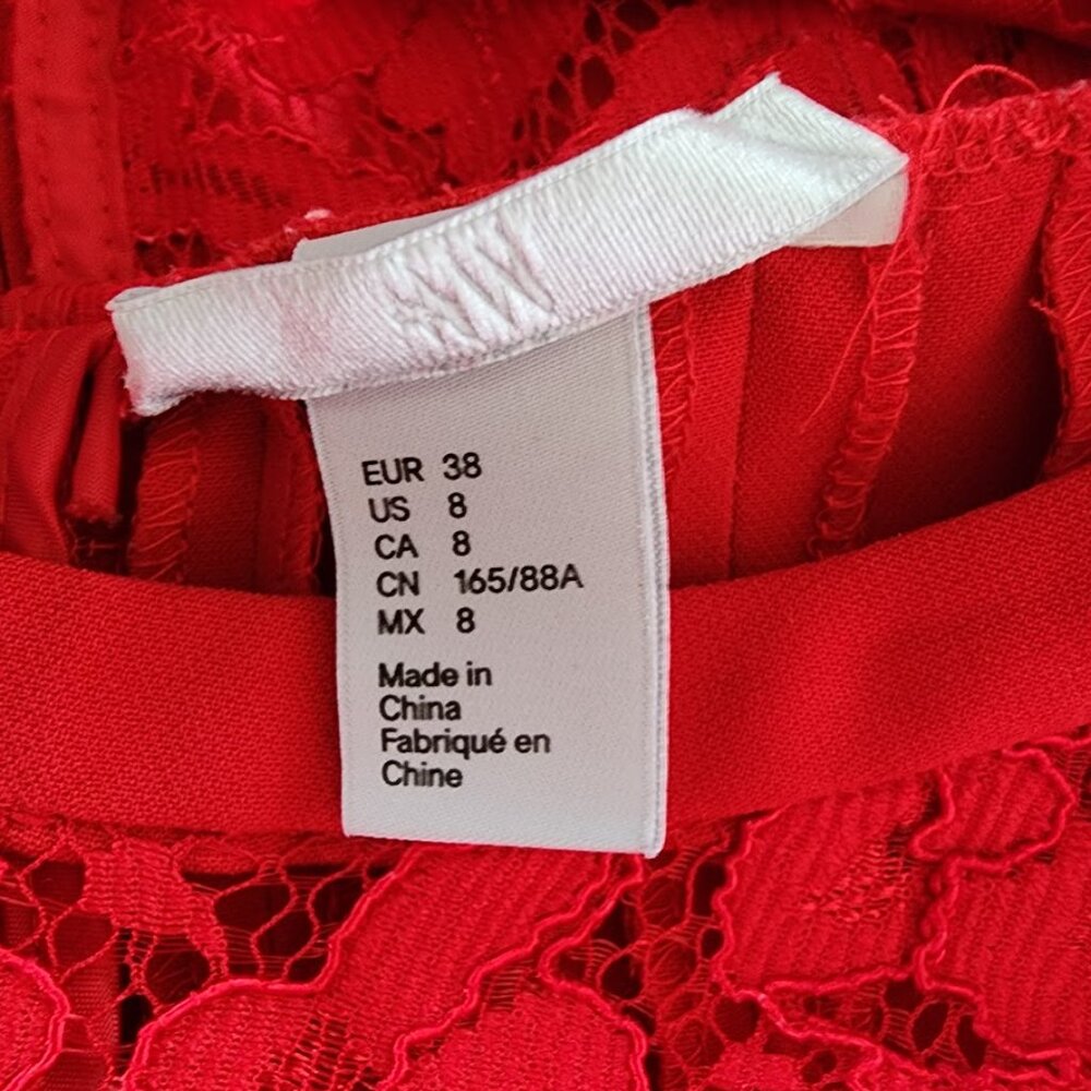 H&M Red Lace Yoke Pleated Fit & Flare Cocktail Dress - Size 8 - Picture 5 of 6